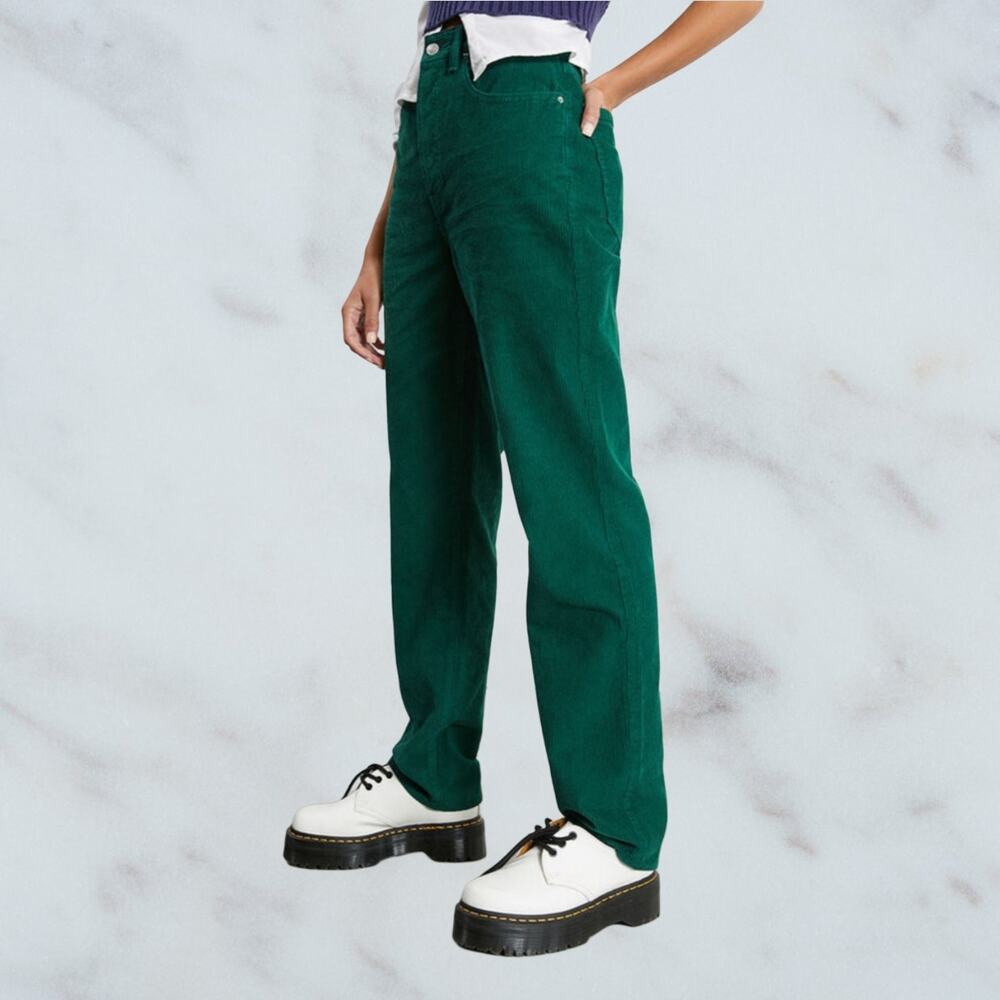 Pacsun Emerald Green Corduroy Dad Jeans Straight Leg Hi Waist  Button Fly sz 25